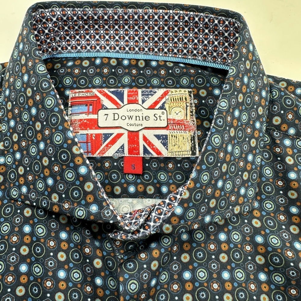 NWT 7 Downie St London Blue Print Button Up Shirt Mens Large Fitted Long Sleeve - Picture 4 of 10
